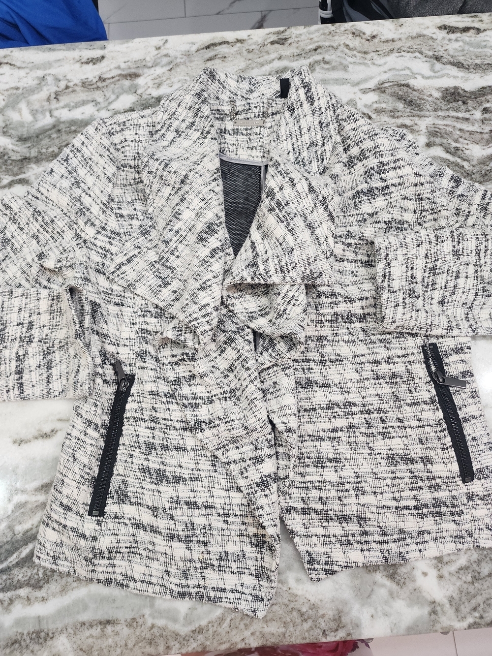 White House Black Market Black and White Tweed Zip Pocket Blazer